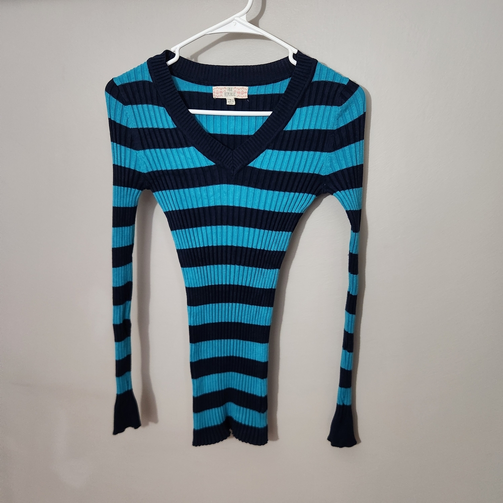 Y2K Striped V-Neck Fitted Sweater Teal Navy Mallcore Girliecore Preppy Top Shirt